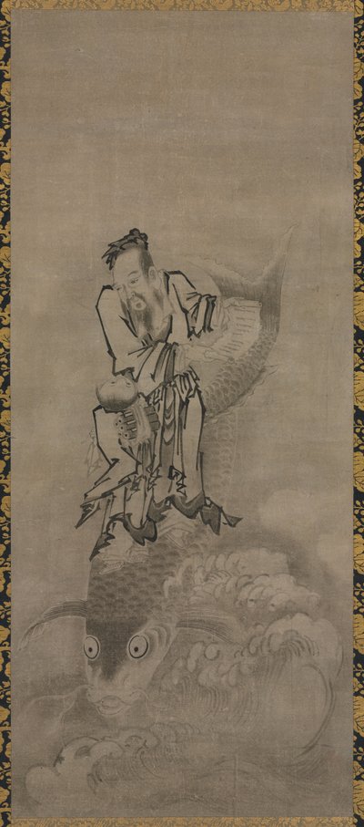 Hotei med Daoist Immortals: Immortal Riding Carp av Kyūseki Tomonobu