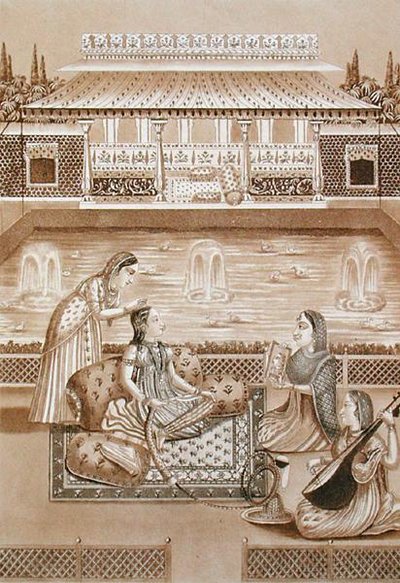 Indisk kvinna vid sin toalett, tidigt 1800-tal (sepiautskrift) av L.A. and Morret J.B. Lecerf