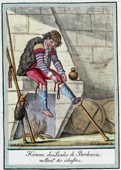 Man från Landes de Bordeaux sätter på sig styltor - i "" Encyclopedia of Travels"" av J. Grasset St Sauveur, Deron, Paris av L.F. Labrousse