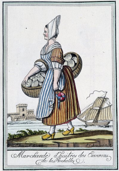 Ostronhandlare runt La Rochelle (Charente Maritime) - i "" Travel encyclopedia"" av J. Grasset St Sauveur, Deron, Paris av L.F. Labrousse