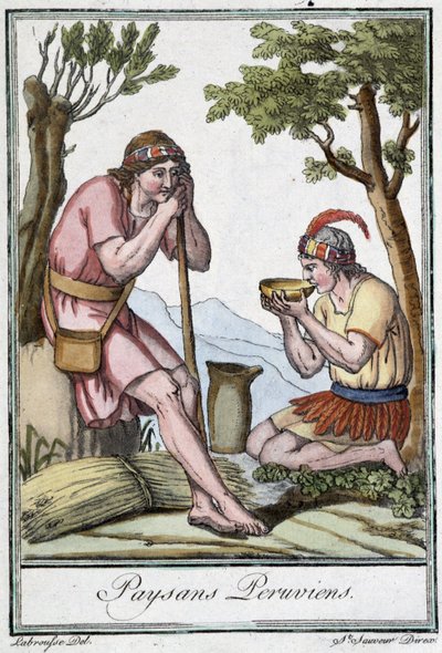 Perudian Peasants - i "" Encyclopedia of Travels"" av J. Grasset St Sauveur, red. Paris av L.F. Labrousse