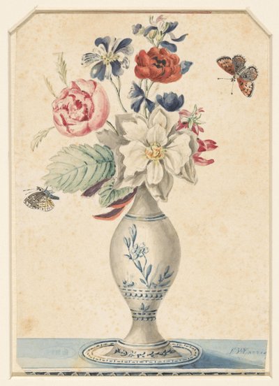 Vas med blommor och en grågul fjäril av L.W. Garrison