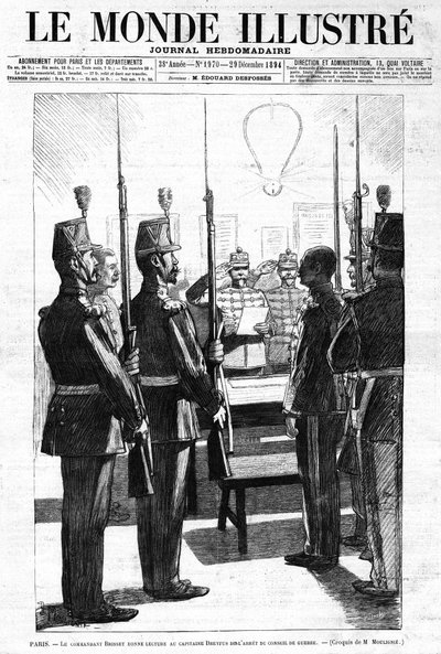 Befälhavaren läste, för kapten Alfred Dreyfus, krigsrådets arrestering, Paris. Skiss av Mr. de Moulignie. I "" Le Monde Illustré"" Weekly Journal nr 1970 av 29 december 1894. av L. Moulignie