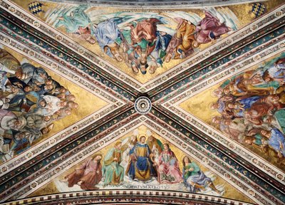 Freskervalv av Giovanni da Fiesole känd som Fra Angelico och Luca Signorelli, kapellet i Madonna di San Brizio, katedralen i Orvieto. Italien av L Fra Angelico and Signorelli