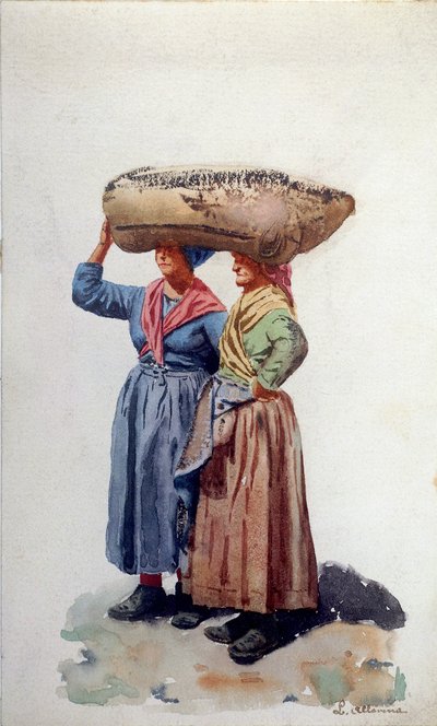 Två kvinnliga hamnarbetare vid Genuas hamn, ca 1890 (akvarell på papper) av L. Allavena