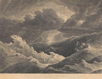 Efter en skiss från 1804 under en storm mellan Madagaskar och Godahoppsudden, i vilken Indiaman-fartyget "Prince of Wales" gick helt förlorat, ca 1804 (etsning) av L. Hastings