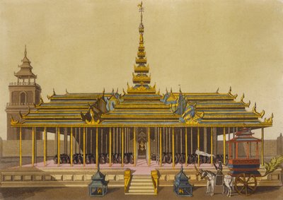Kungen av Siam tilltalar hovmän i sin paviljong, skylt 69 från Le Costume Ancien et Moderne av Jules Ferrario, graverad av Gaetano Zancon (1771-1816) publicerad ca 1820-30-talet av L. Rossi