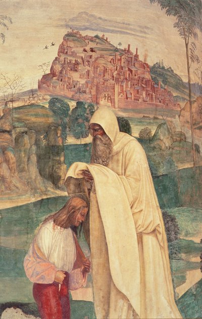 Life of St. Benedict, Scen 4: Munken Romanus klär Benedictus av L. Signorelli