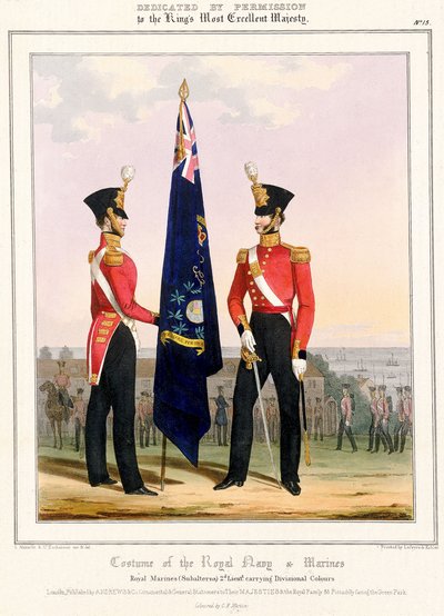 Dräkt för Royal Navy  Marines. Kungliga marinkåren (subalterner) 2d. Lt, ca 1832 (färglitografi) av L. and Eschauzier St. Mansion