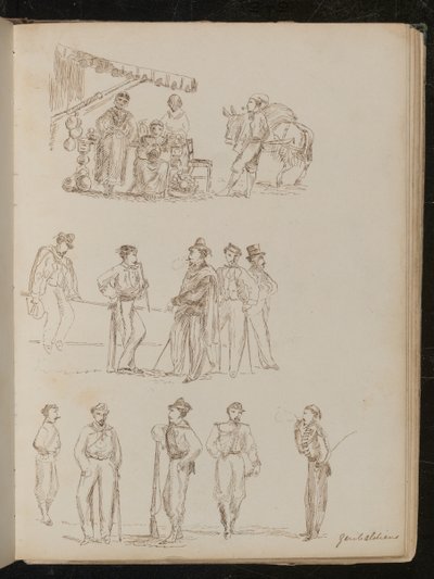 Überdachter Obstverkäuferstand mit Frauen und einem rauchenden Mann, Studie von fünf Herren, Studie von fünf Soldaten mit der Aufschrift 