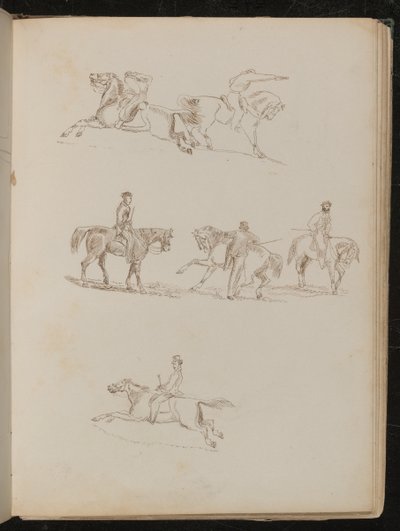 Sechs Studien von Pferden mit verschiedenen männlichen Reitern in verschiedenen Posen, einer mit erhobener Pistole von Lady  Butler
