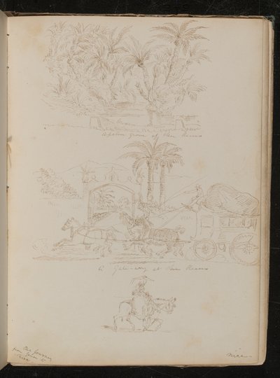 "En palmlund vid San Remo", en häst och vagn framför "en port vid San Remo", en kvinnlig figur till häst" av Lady Butler