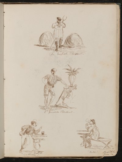 "Engelsk bonde", "en genuesisk bonde", studie av figurer på krogar inskrivna "Battista" och "Bile", plats och datum "20 juni" av Lady Butler