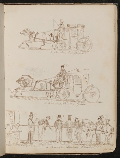 Studier av "en taxichaufför från London", "en Cittadine-förare - Genua" och "ett genuesiskt Cittadine-ställ", daterat "26/61 juni" av Lady Butler