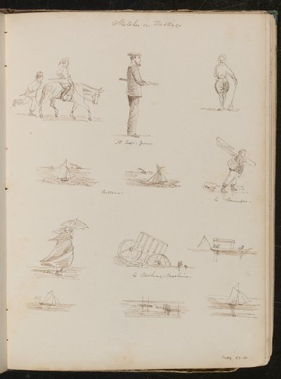 Studier av barn, en sjöman inskriven "A Coast-guard?, sex studier av båtar inskrivna "Cutters", en Shrimper, en kvinna med ett parasoll, daterad "27-61 maj" av Lady Butler