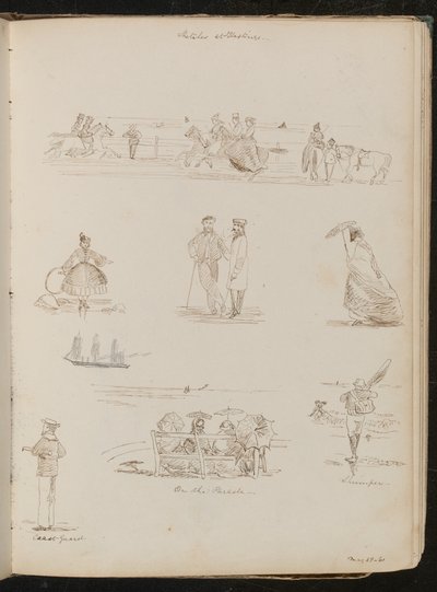 Studier av män och kvinnor "On the Parade", en man med ett nät märkt "Shrimper", en sjöman märkt "Coast guard", daterad "28-61 maj? av Lady Butler
