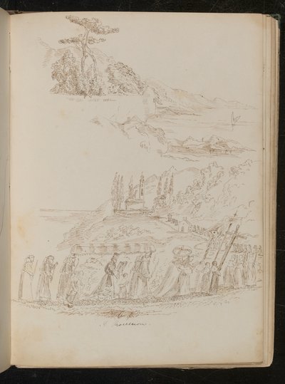 Studie av en kloster "Procession" i ett kustlandskap av Lady Butler