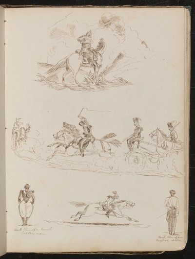 Studie av soldater på hästar som drar kanon, två vyer av artillerimän, en helklädd soldat på galopperande häst av Lady Butler