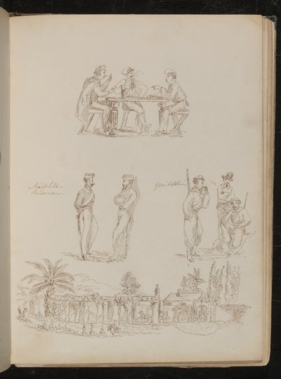 Tre soldater som spelar kort, två "neopolitanska fångar" i konversation, tre "garibaldianer" lugna och rökande, en genuesisk villa av Lady Butler