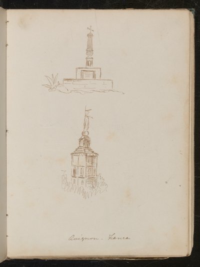 Två arkitektoniska studier av monument, plats noterad som "avignon - Frankrike" av Lady Butler