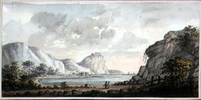 Landskap med två figurer med utsikt över en vik, ca 1825 (akvarell på papper) av Lady Egerton