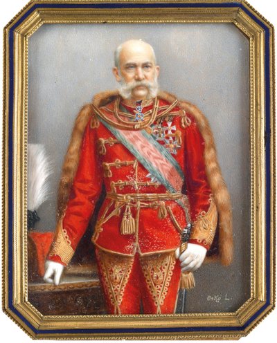 Porträtt av Francois Joseph I av Österrike (1830-1916), i ungersk uniform. Verk av Lajos Osko (1865-1922), akvarell och gouache på horn. Ungersk konst, akademisk konst. Privat samling. av Lajos Osko