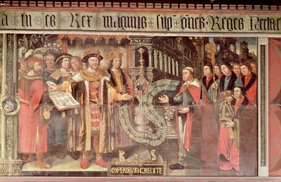 Biskop Robert Sherburne med Henry VIII (1491-1547) c.1508-36 (väggmålning) av Lambert Barnard