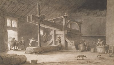 Vinpress av Monsieur Dittyl, utanför Nantes, ca 1670 (penna och bläck med tvätt på papper) av Lambert Doomer