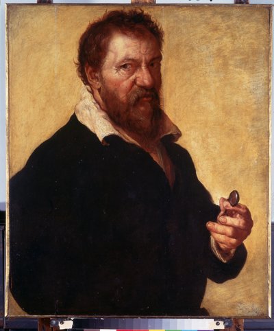 Självporträtt (Självporträtt). Porträtt av konstnären som håller sina glasögon i handen. Målning av Lambert Lombard (1505-1566) av Lambert Lombard