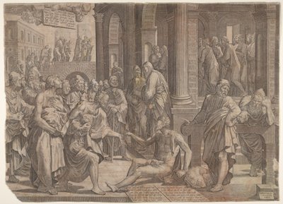 Sankt Johannes och Sankt Peter som helar den krympling, 1553. av Lambert Suavius