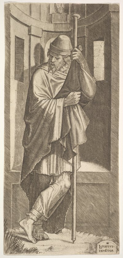 St. James Major lutad på en stång framför en nisch, hans vänstra ben korsade över hans högra, från..., 1545. av Lambert Suavius