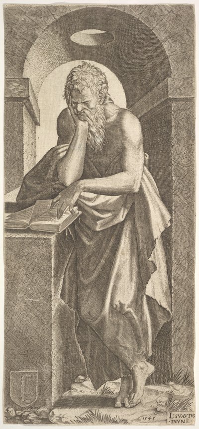 St. Simon står framför en öppen bok med fingrarna på sin vänstra hand pressade på ..., 1545. av Lambert Suavius