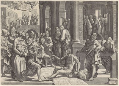 Peter och Johannes helar den krympling vid tempelporten Petrus och Johannes botar en krympling vid tempelporten av Lambertus Suavius