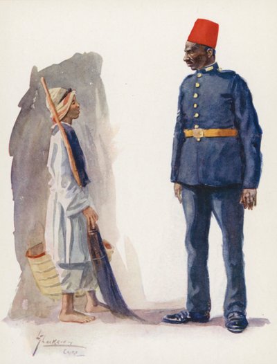 Folket i Egypten: Polisman och pojke, Ascari Balis wa waled (färglitografi) av Lance Thackeray