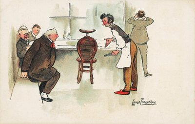 Scen i en frisörsalong (chromolitho) av Lance Thackeray