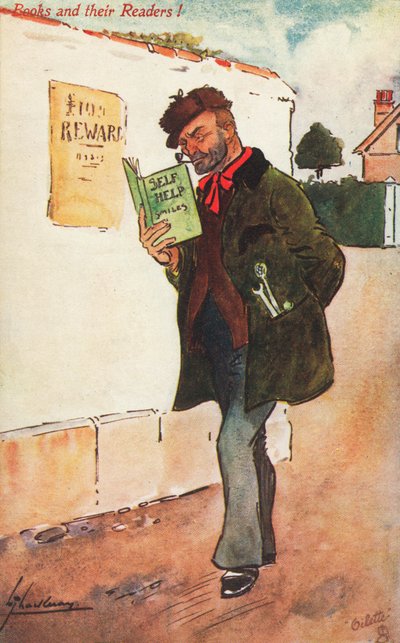 Arbetare som läser en självhjälpsbok (litho i färg) av Lance Thackeray