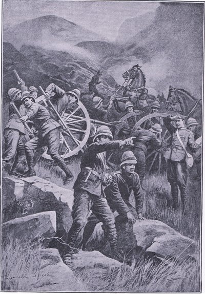 En pistol välte på en sluttning, från After Pretoria: The Guerilla War publicerad av Harmsworth Bros Limited, 1901 av Lancelot Speed