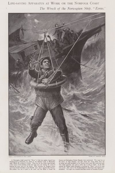 Livräddningsapparat i arbete på Norfolkkusten (litho) av Lancelot Speed
