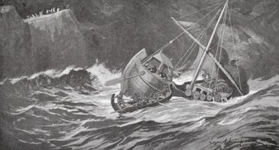 Träskeppet hamnade i en storm och munkarna kom till undsättning i små båtar (litografi) av Lancelot Speed