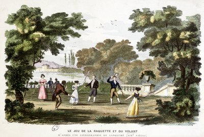Forntida spel: spelet med racket och ratt, förfader till badmington, baserat på en litografi av Langlumé 1800-talet. av Langlume Langlume