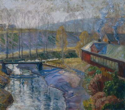 Landskap med hus och flod av Lars Jorde