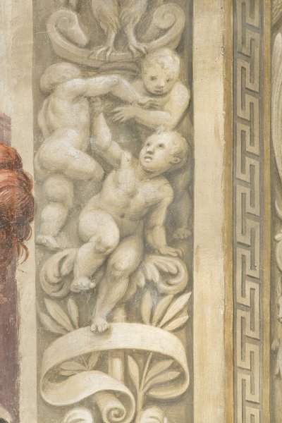 Putti, dekorationer runt fönstren (fresk) av Lattanzio Gambara