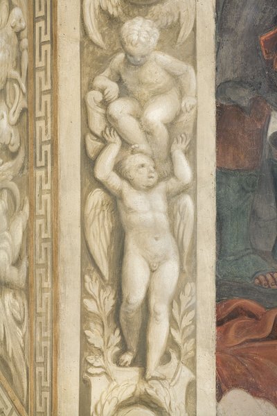 Putti, dekorationer runt fönstren (fresk) av Lattanzio Gambara