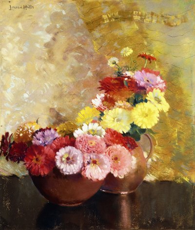 Zinnias och koppar av Laura Coombs Hills