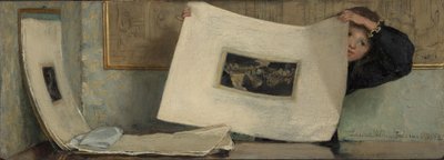 Anna bläddrar i en portfölj med tryck av Laura Theresa Alma Tadema (Lady)