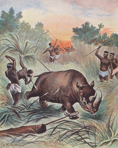 Jakt på noshörning i Afrika (färglitografi) av Laurence Louise Le Riverend
