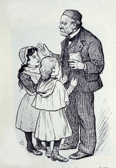 Porträtt av Louis Pasteur (1822-1895), fransk kemist och fysiker som ger godis till institutets barn. Skiss av Lucien Laurent-Gsell (Laurent Gsell) (1860-1944). DR av Laurent Lucien Gsell