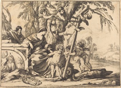 Helig familj med änglar och korset, krossar en orm av Laurent de la Hyre