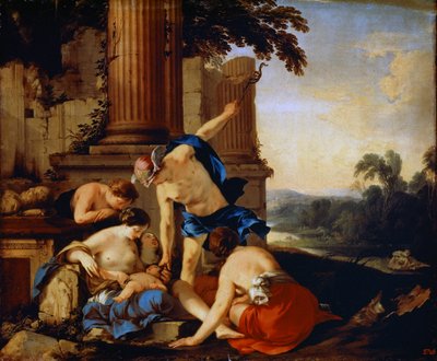Merkurius ger barnet Bacchus till nymferna i Nysa, 1638. av Laurent de la Hyre