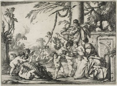Den heliga familjen med Putti av Laurent de la Hyre